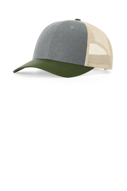 Custom Embroidered Richardson 115 Low Pro Trucker Hat in Heather Grey/ Birch/ Army Olive