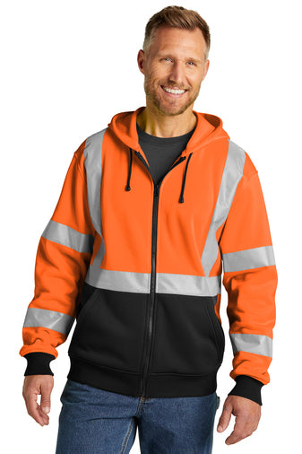 ansi 107 class 3 heavy duty fleece full zip hoodie safety orange