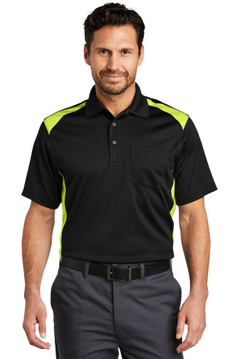 select snag proof two way colorblock pocket polo black shock green