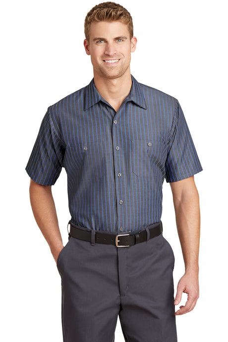 short sleeve striped industrial work shirt grey blue