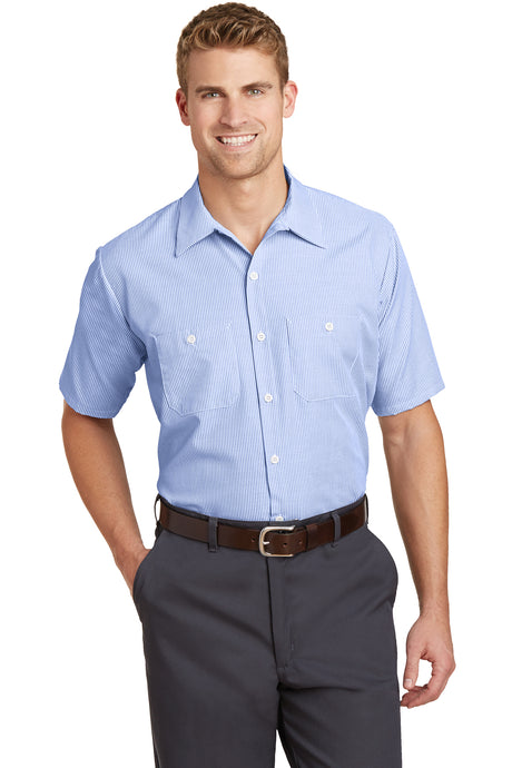 short sleeve striped industrial work shirt white blue