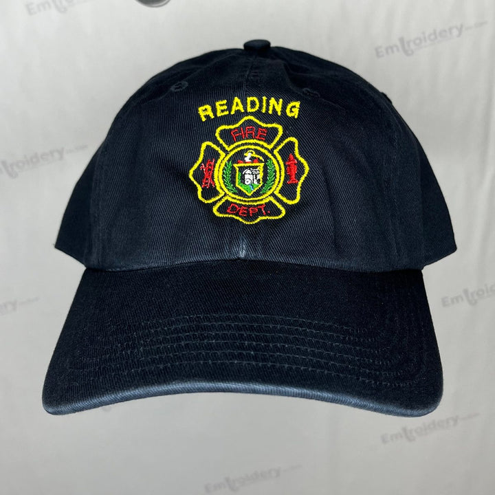 Embroidered fire department logo on a black unstructured dad hat