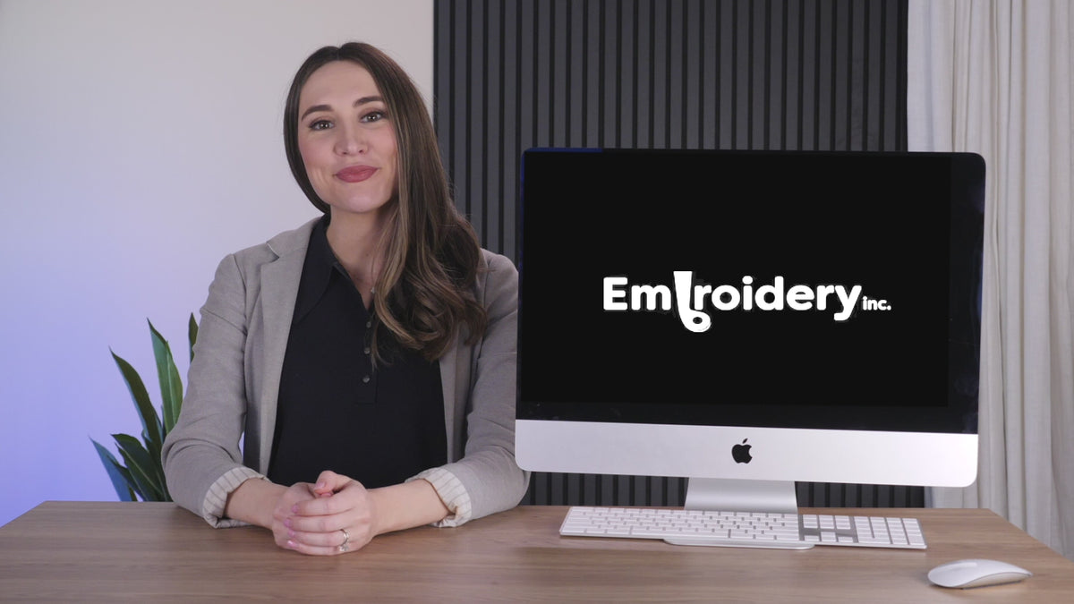 Order walkthrough video: a presenter at a desk next to a screen showing the Embroidery Inc logo