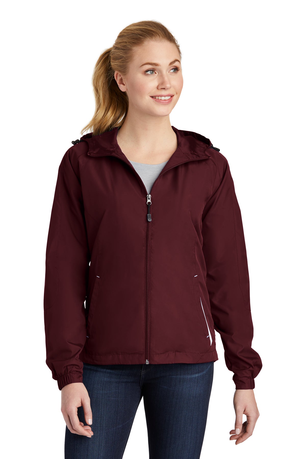 ladies colorblock hooded raglan jacket maroon white