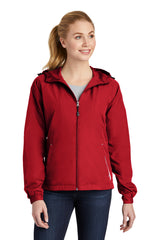 ladies colorblock hooded raglan jacket true red white