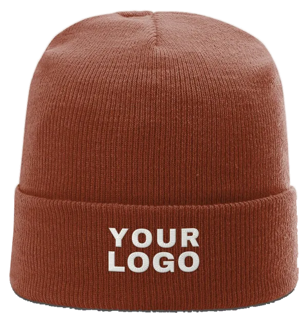 Burnt orange Richardson R18 cuffed beanie with YOUR LOGO embroidered on the cuff