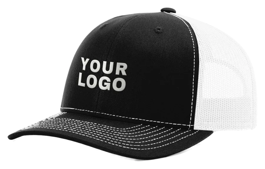 Black and white Richardson 112 trucker hat with YOUR LOGO embroidered on the front