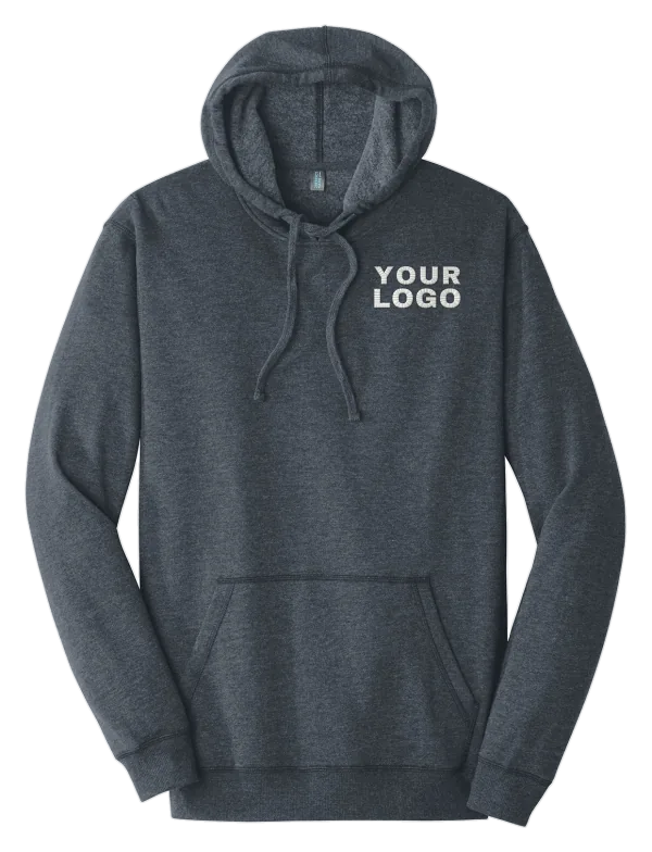 Heathered navy District fleece hoodie with YOUR LOGO embroidered on the left chest