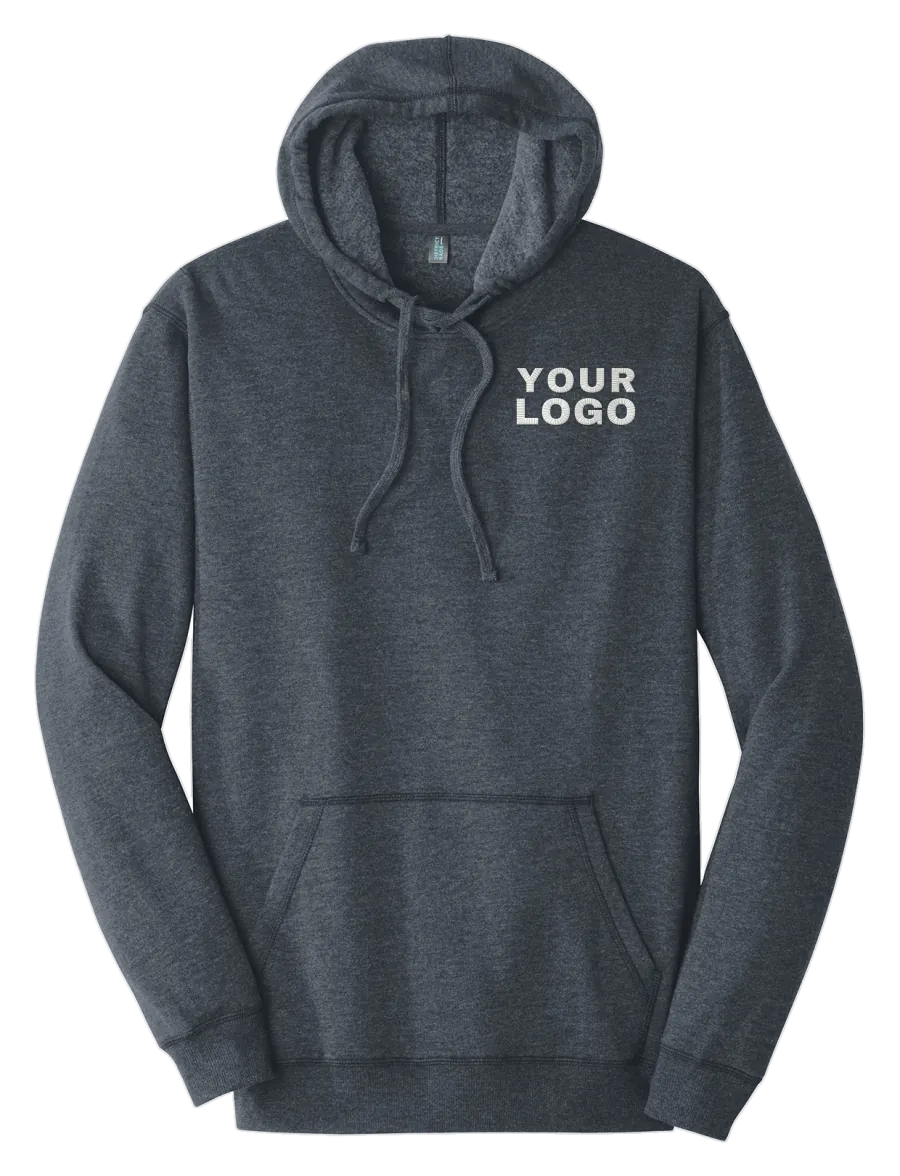 Heathered navy District hoodie with a YOUR LOGO placeholder on the left chest