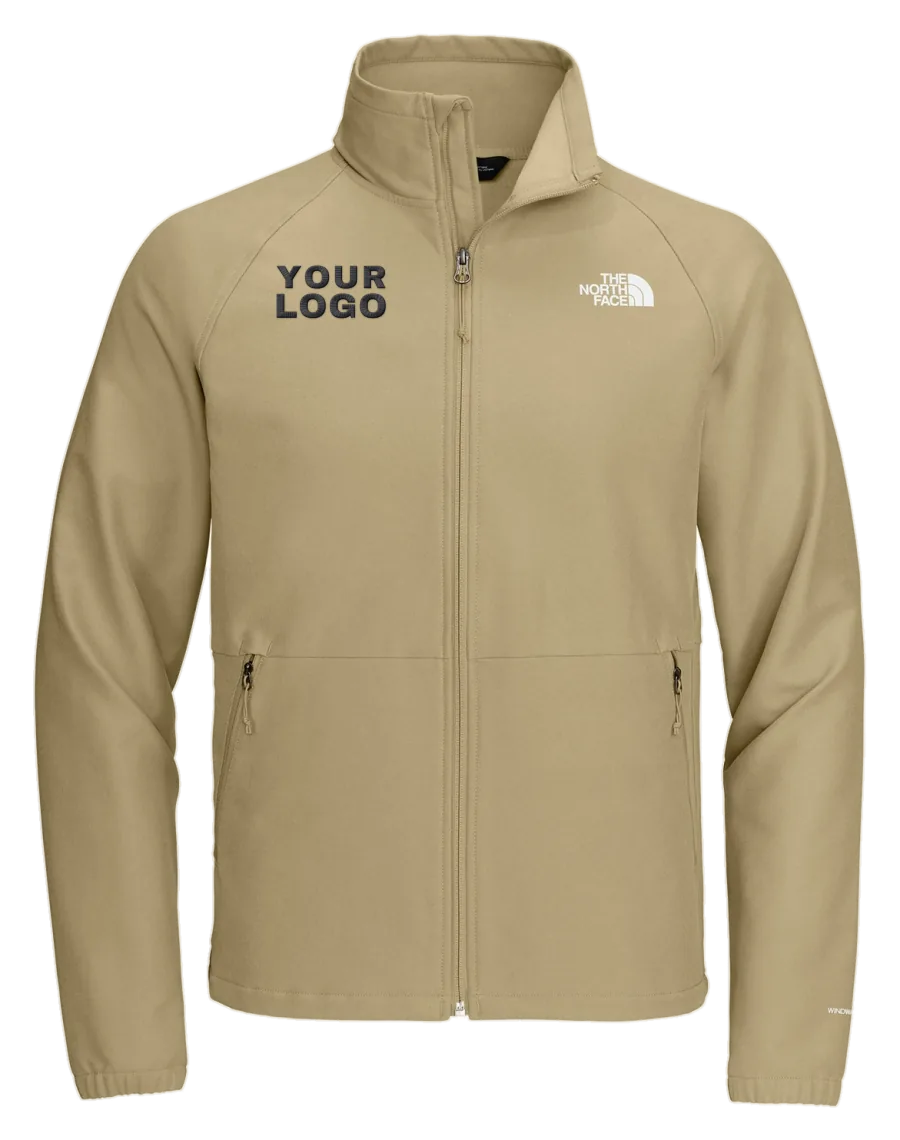 Khaki and black The North Face soft shell jackets with a YOUR LOGO placeholder on the chest