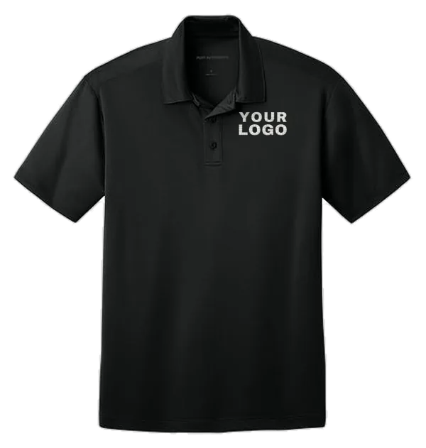 Black Port Authority polo and red long sleeve polo with a YOUR LOGO placeholder on the left chest