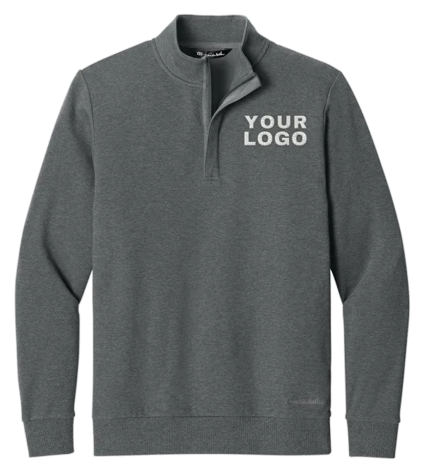 Dark grey TravisMathew quarter-zip pullover with YOUR LOGO embroidered on the left chest