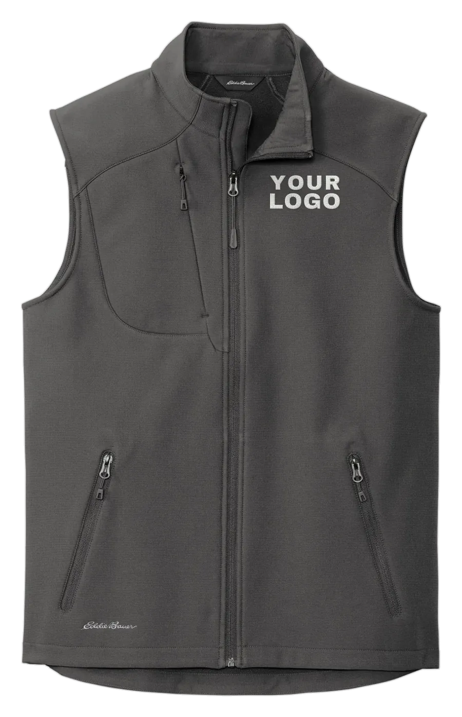 Dark grey Eddie Bauer soft shell vest with a YOUR LOGO placeholder on the left chest
