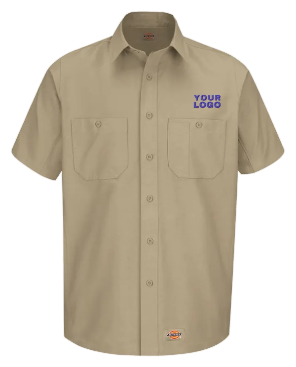 Khaki Dickies short sleeve work shirt with YOUR LOGO embroidered above the pocket